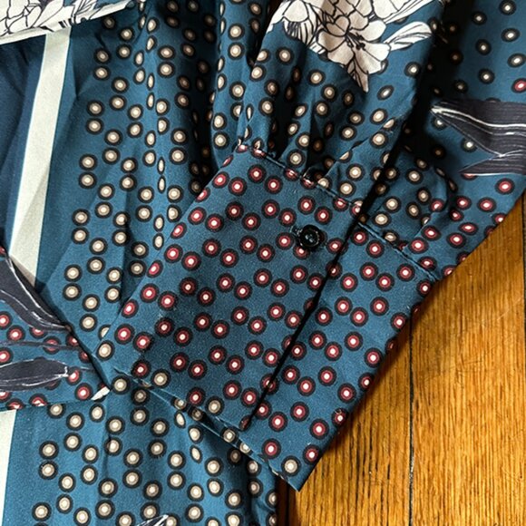 Zara Teal Blue Floral Dotted Patchwork Printed Satin Belted Kimono Robe Size S/M - Picture 5 of 9